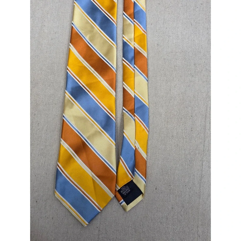 Paul‎ Fredrick Mens Silk Necktie Orange Blue Yellow Striped Handmade Tie